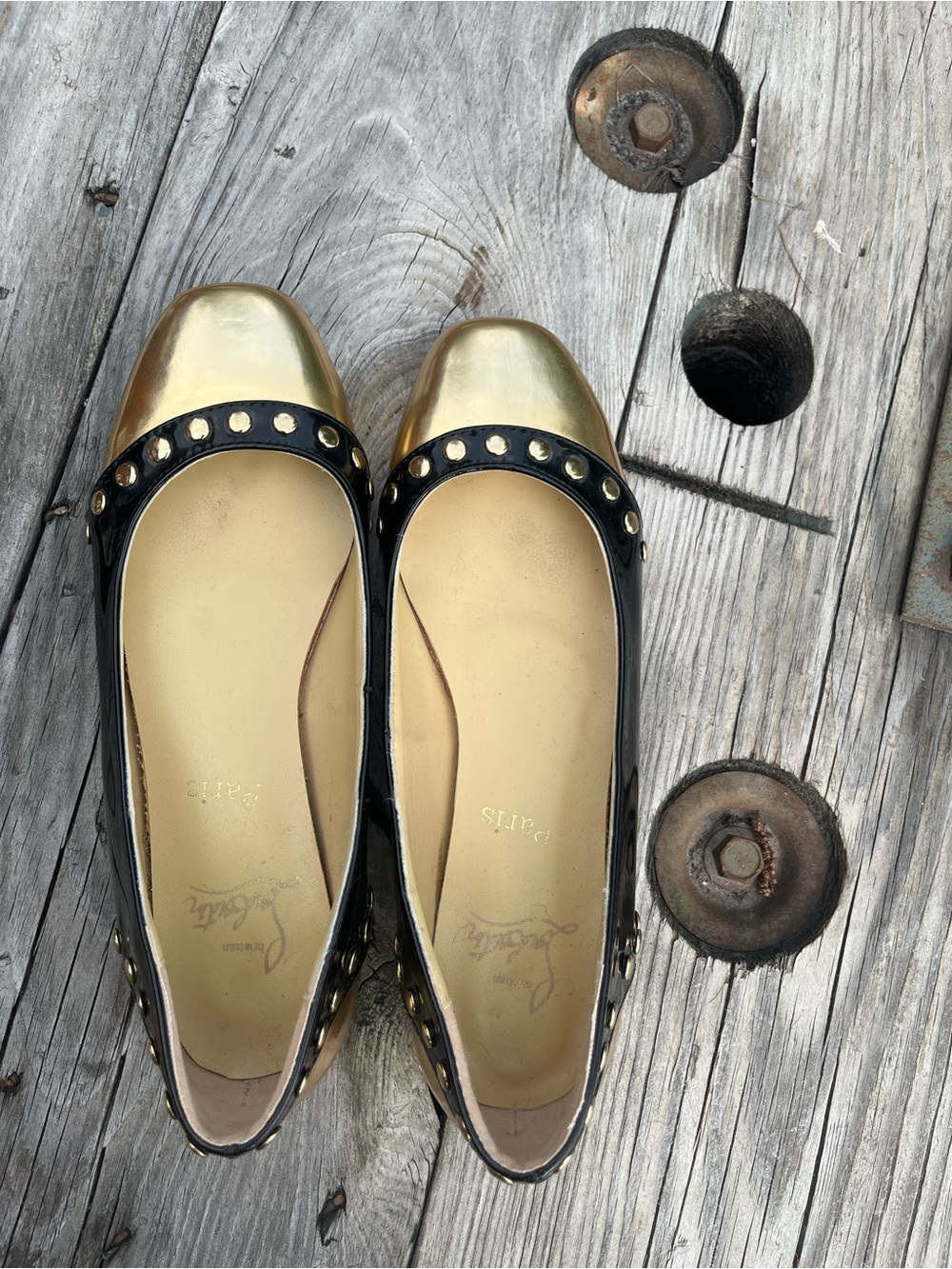 Christian Louboutin Gold and Black Studded Ballet Flats Size 9.5 - Picture 11 of 11